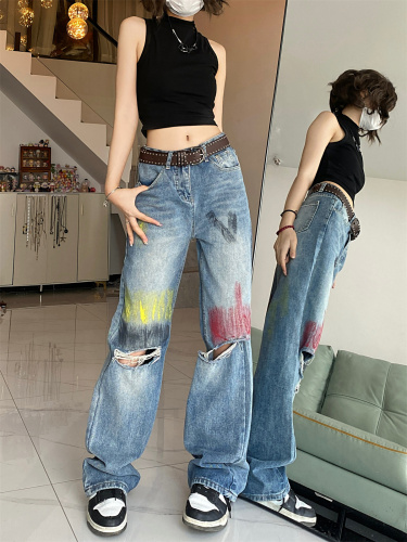 Real shot ~ ripped straight jeans for women, high waisted, loose design, niche wide leg pants, trousers
