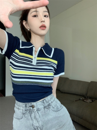 Actual shot 2 colors/Versatile striped contrasting color lapel zipper short-sleeved knitted top