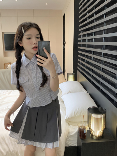 Real shot striped slim fit shirt + fake two-piece A-line pleated skirt suit