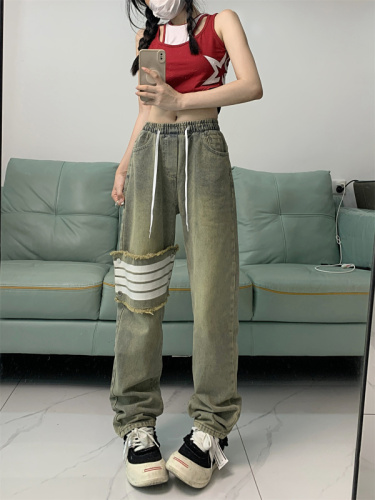 Actual shot ~ Retro elastic waist four-striped denim trousers for women high waist versatile simple casual pants