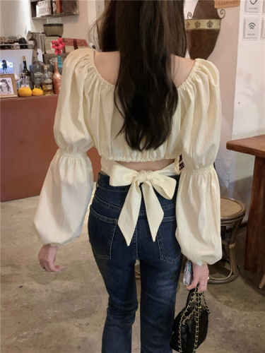 Real shot!  Square collar collarbone-exposed shirt for women, French puff sleeve design, scheming bow long-sleeved top
