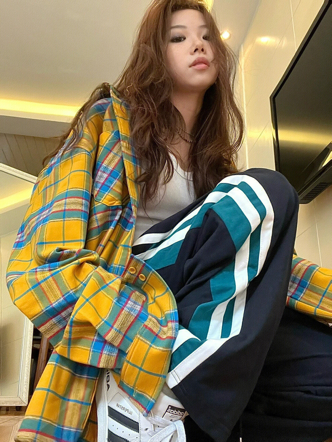 80 polyester 17 rayon 3 spandex yellow plaid shirt design high-end early autumn chic top trendy