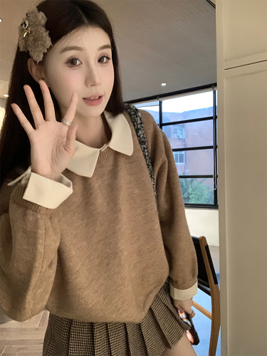 Actual shot of early spring Korean chic simple fake two-piece detachable collar knitted sweater top