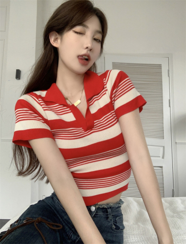 Actual shot of new spring striped sweater POLO shirt short-sleeved top for women