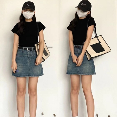 Summer gentle style women's new Korean fashion hot girl short-sleeved high-waisted denim skirt two-piece suit