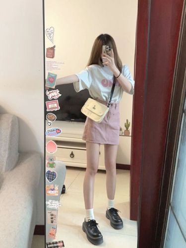 Fashion suit for women in summer, Korean version, loose printed short-sleeved T-shirt, slim tall waisted A-line skirt for small people, two-piece set