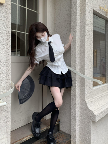 Liberal arts student white short-sleeved JK black box pleated skirt lady college style suit