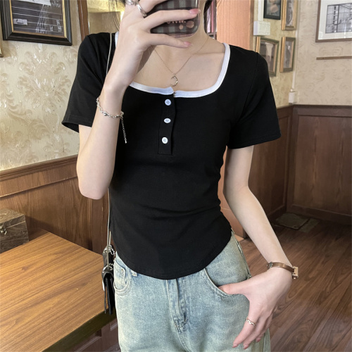 Real shot of fake two-piece off-the-shoulder short-sleeved T-shirts, summer women's design niche high-waisted slim-fitting short tops