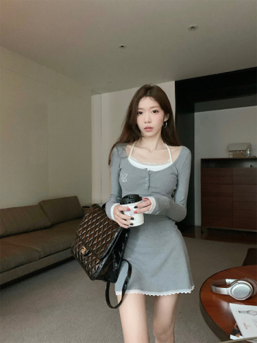 Real shot of early spring Korean chic simple ballet girl lace gray dress suspender two-piece set