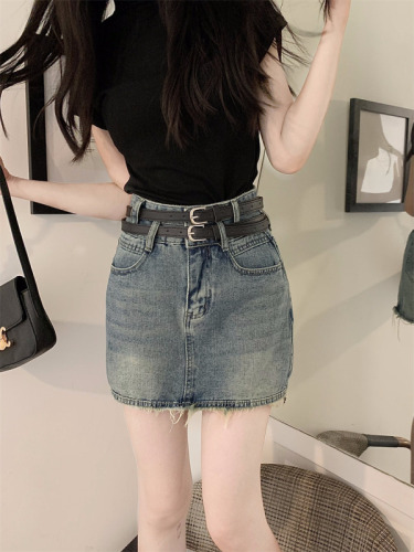 Black pure cotton design T-shirt + double belt denim skirt for petite women with high waist A-line skirt