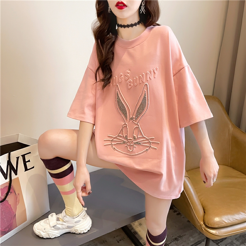 Actual shot of 2024 summer Korean style loose round neck embroidered fake two-piece top mid-length large size women's short-sleeved T-shirt