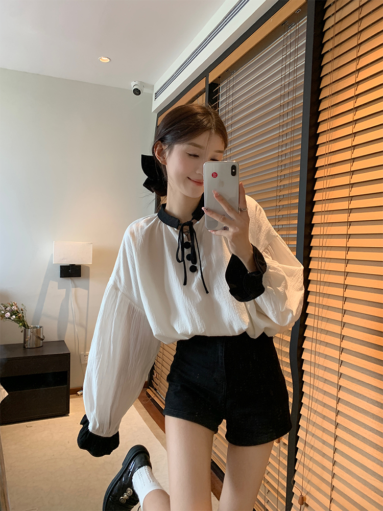 Actual shot of early spring Korean chic temperament and colorful round neck fairy shirt~