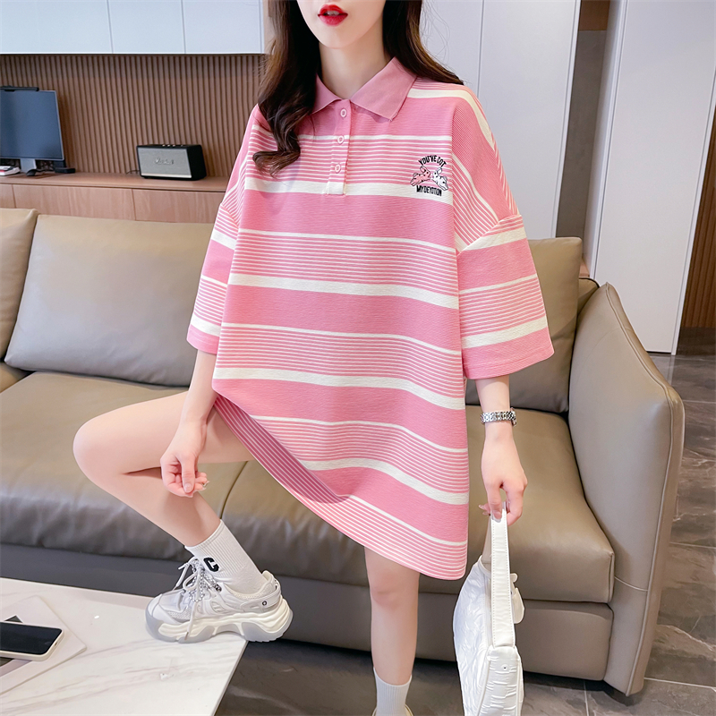 Real shot 2024 summer Korean style loose polyester fiber POLO collar striped cartoon embroidered short-sleeved T-shirt for women