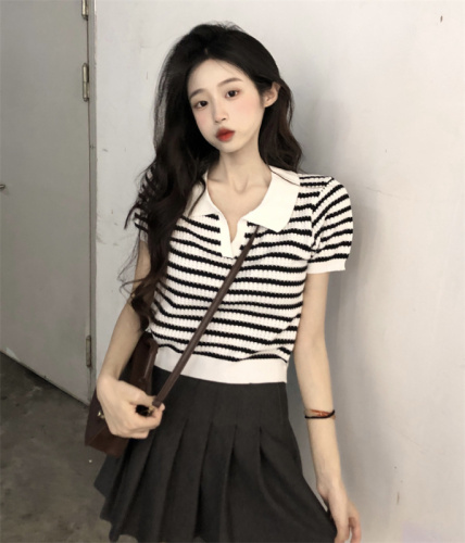 Sweet and spicy pure desire knitted new striped short style versatile slim fit POLO collar short sleeve short top trendy