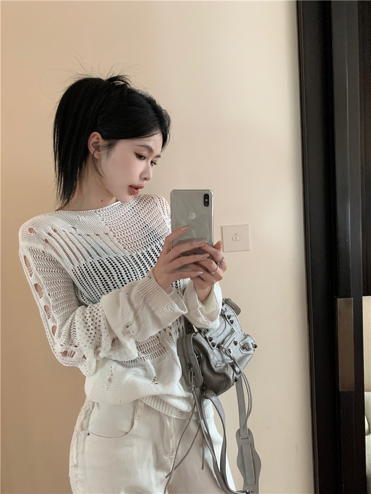 Real shot of designer hollow mesh ripped knitted blouse, lazy and slim hot girl top