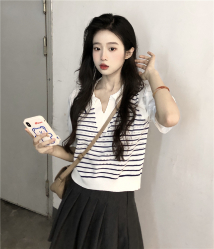 polo collar striped knitted short-sleeved women's summer dress new fake two-piece puff sleeve short chic shirt top