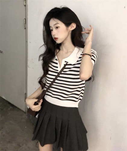 Sweet and spicy pure desire knitted new striped short style versatile slim fit POLO collar short sleeve short top trendy