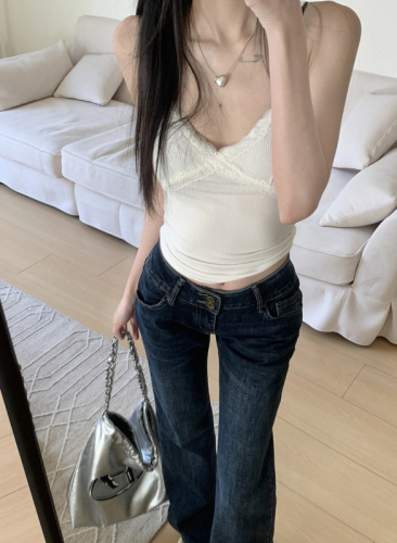 Actual shot of 2024 spring and summer new low-waist slimming slightly flared jeans for women, loose and drapey floor-length pants
