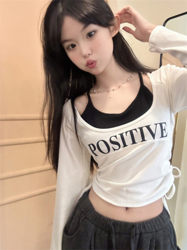 Real shot of fake two-piece contrasting letters round neck long-sleeved T-shirt for women spring drawstring slimming short top