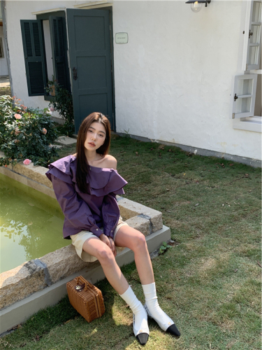 Actual shot French sloping shoulder double layer ruffle top versatile shirt