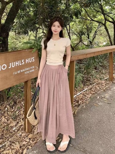 Slim, flesh-covering casual suit, summer dress for women, gentle style, street-style breasts, short-sleeved T-shirt, wide-leg skirt, pants, two-piece set