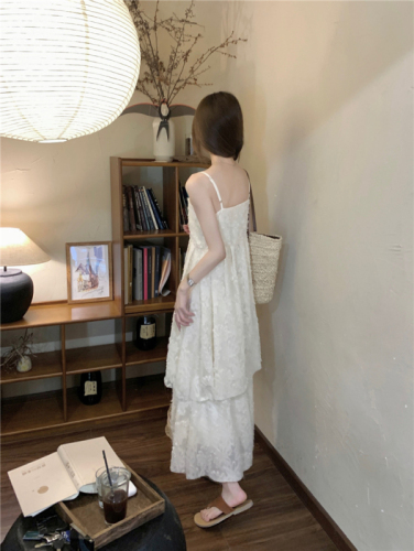 Real shot!  Apricot sweet tassel feather suspender dress v-neck slimming and beautiful seaside vacation long dress
