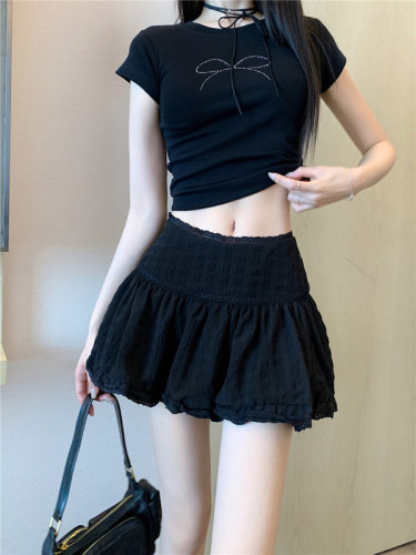 Real shot Korean style ballet style high waisted slimming A-line skirt lace solid color skirt