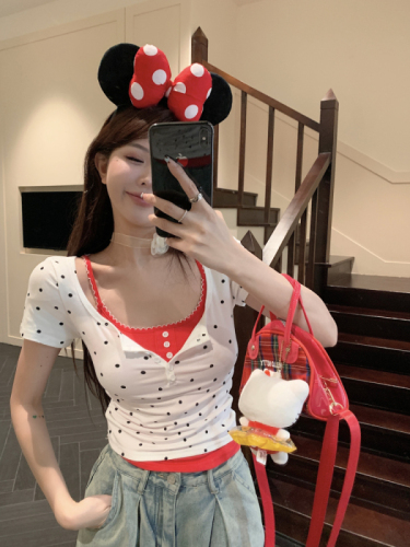 Real shot of polka dot layered pure lust style suit camisole short-sleeved T-shirt layered design hot girl top