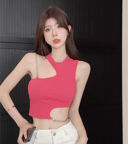 Official Photo Camisole Vest for Sweet and Cool Hot Girl Irregular Design Slim Fit Short Top with Hollow Chain