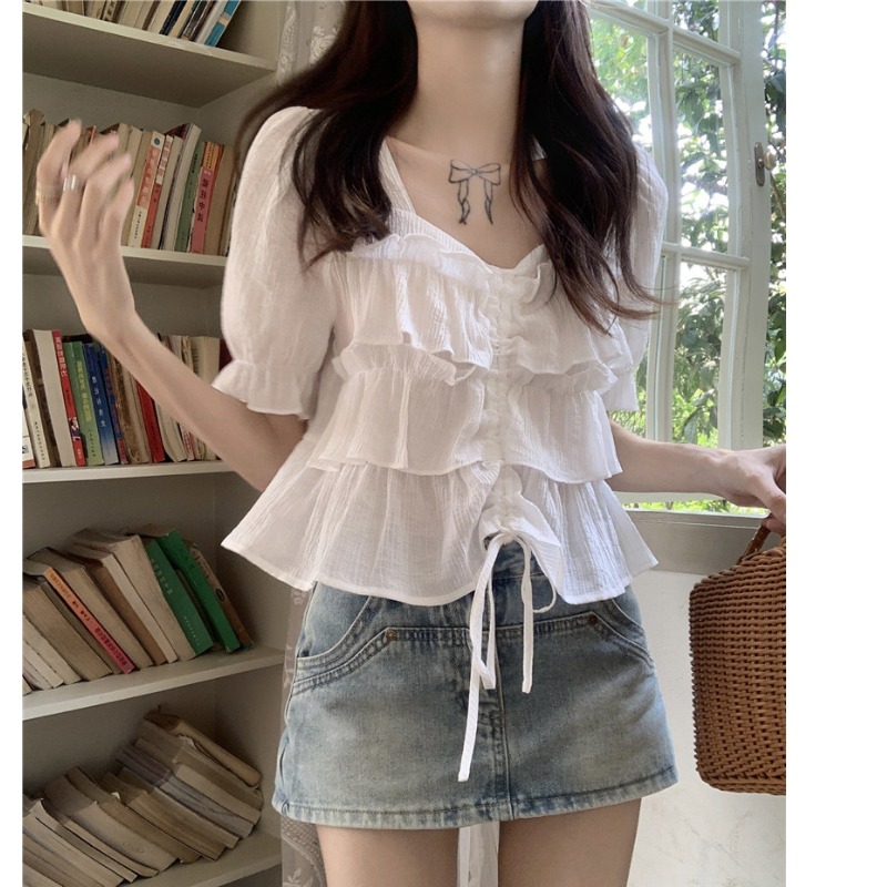 Summer clothes for fat girls, large size, high-end, ruffled drawstrings, soft short-sleeved tops, shirts M-4XL 200 pounds