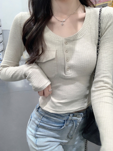 Real shot tight round neck long sleeve t-shirt women's short Korean style threaded bottoming shirt trendy top