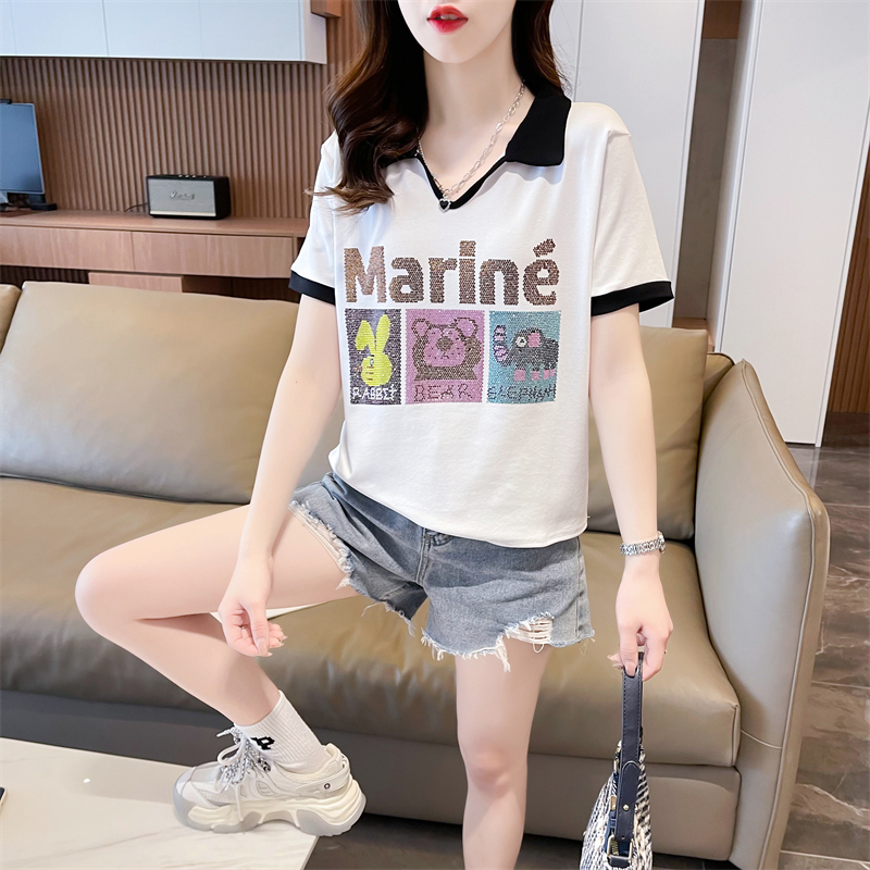 Real shot 2024 summer Korean style loose pure cotton back collar cartoon printed POLO shirt short-sleeved T-shirt for women