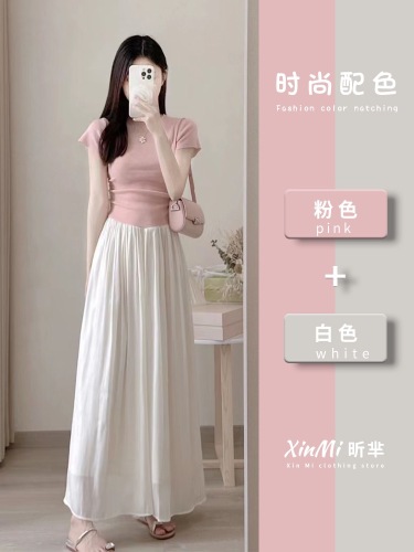 Tea style high-waist A-line skirt for small women new summer gentle pink suit