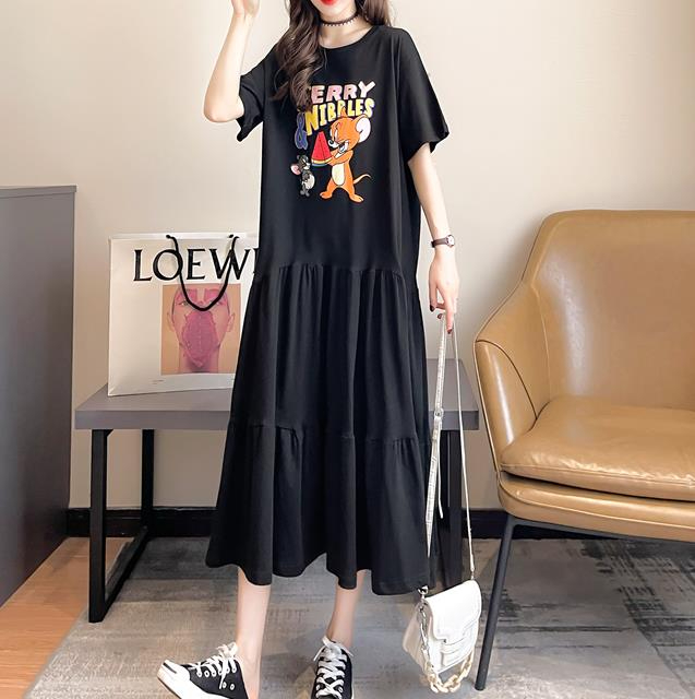 實拍 夏裝韓版寬鬆圓領卡通印花中長款大碼連衣裙短袖T恤女
