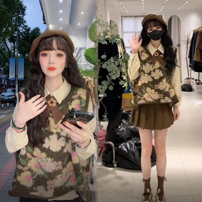 Retro loose floral sleeveless knitted vest + lapel versatile long-sleeved shirt + pleated skirt three-piece set