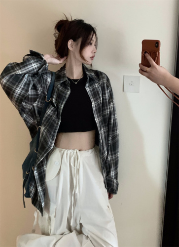 Actual shot ~ Early autumn retro plaid shirt for women with loose design and lazy pink anti-tank shirt jacket