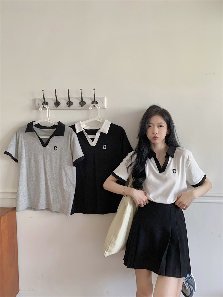 A01 real shot ~ large size T-shirt polo collar American retro right shoulder short-sleeved T-shirt female summer hot girl v-neck short top