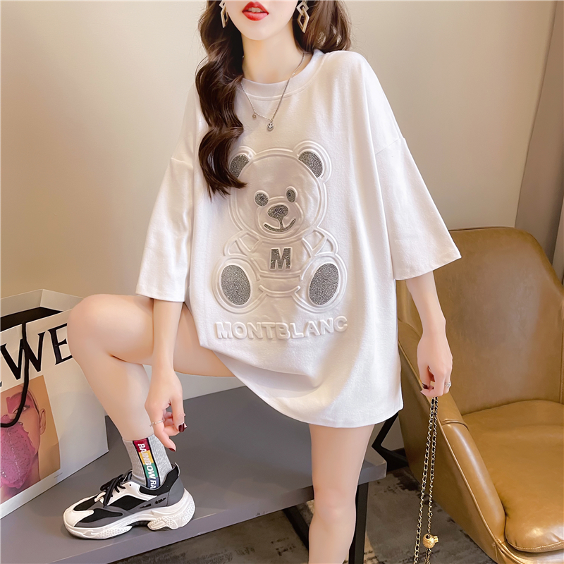 Actual shot of 2024 summer Korean style loose concave and convex printed bear mid-length large size women's short-sleeved T-shirt for women