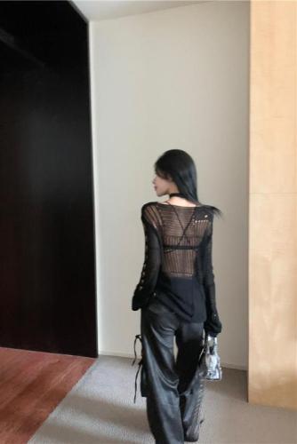 Real shot of designer hollow mesh ripped knitted blouse, lazy and slim hot girl top