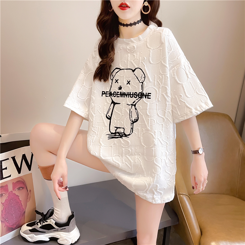 Real shot Summer Korean style loose round neck embroidered fake two-piece top mid-length plus size women's short-sleeved T-shirt