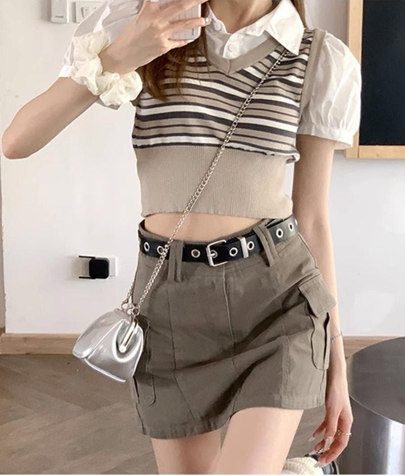 New Korean style fashionable shirt collar spliced ​​vest fake two-piece short-sleeved top + military green skirt two-piece set