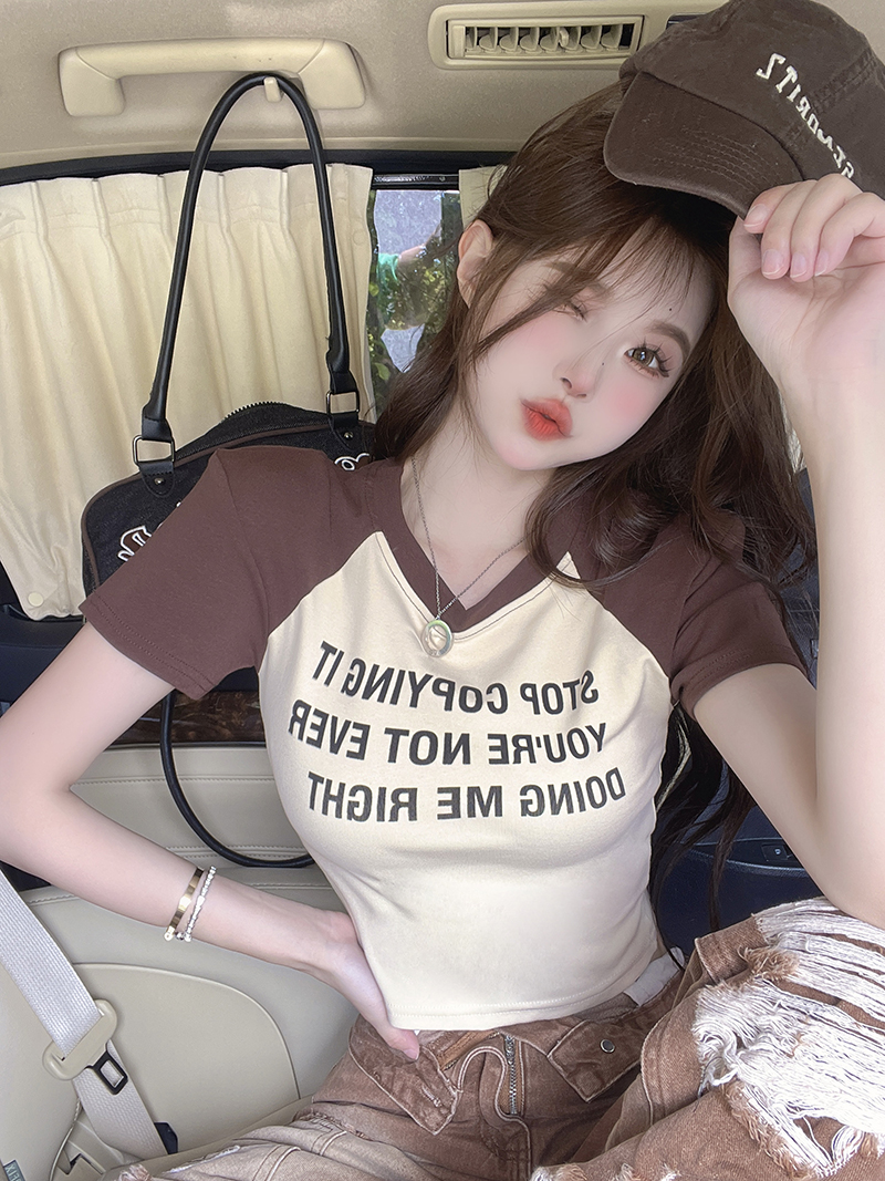 Real shot of hot girls patchwork short-sleeved T-shirt female letter raglan sleeves high waist tight slimming short top