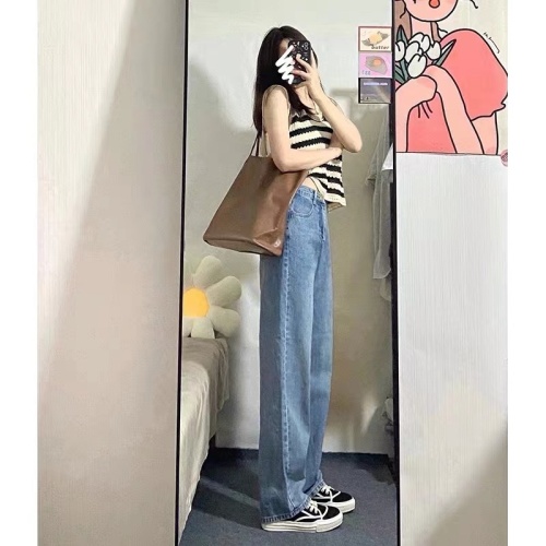 Blue straight-leg jeans for women summer new high-waist drape small loose wide-leg two-piece suit