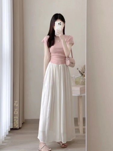 Tea style high-waist A-line skirt for small women new summer gentle pink suit