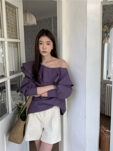 Actual shot French sloping shoulder double layer ruffle top versatile shirt