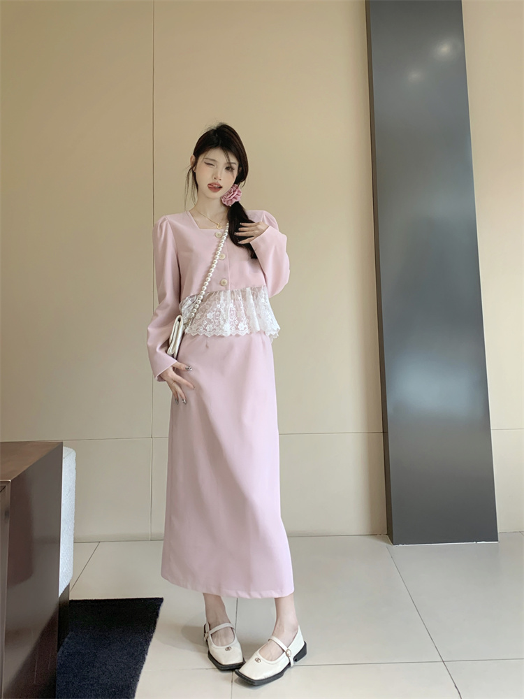 Real shot of gentle style suit for women, lace splicing short jacket + high waist slimming skirt two sets
