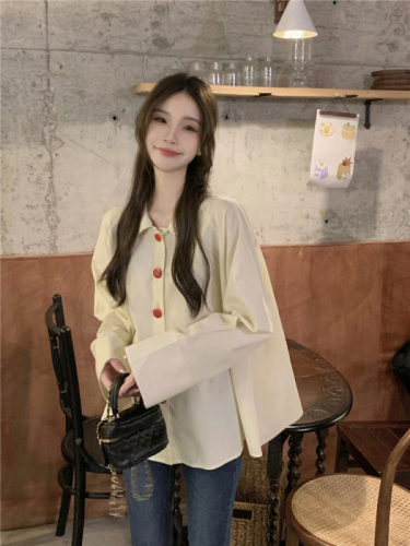 Real shot!  Spring Korean chic simple lapel loose casual shirt women's solid color versatile long-sleeved top