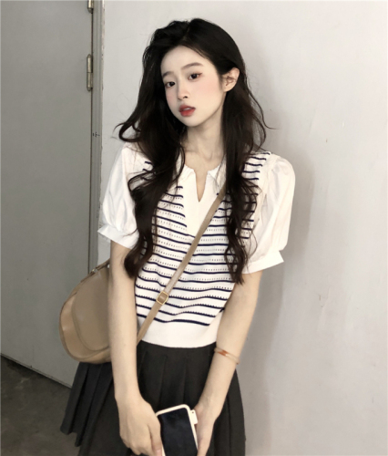 polo collar striped knitted short-sleeved women's summer dress new fake two-piece puff sleeve short chic shirt top