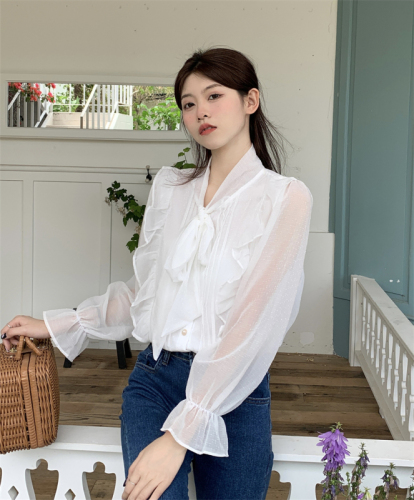 Actual shot of bow-knot lively age-reducing ruffled belly-covering French lace shirt design niche top for women