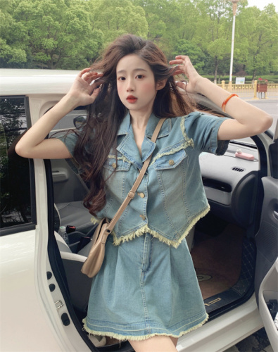 Hong Kong style retro tassel raw edge lapel denim shirt + tassel denim all-match skirt for women